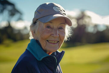 Portrait of smiling senior woman standing at golf course on a sunny day