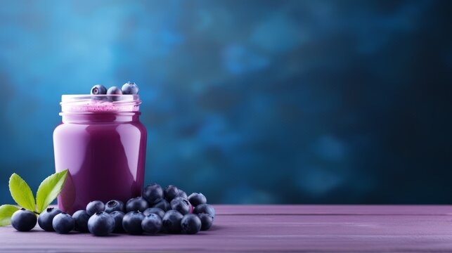 Blueberry juice. Homemade fresh Blueberry juice in a glass. Minimalism. Food photography. Horizontal format for advertising, banners.. Free space for text.