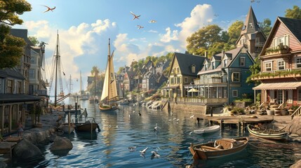  a painting of a harbor with boats, houses, and seagulls in the foreground and seagulls flying over the water and houses on the other side of the water. - obrazy, fototapety, plakaty