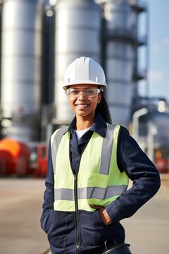 Portrait of smiling female engineer wearing hard hat and safety glasses at industrial site