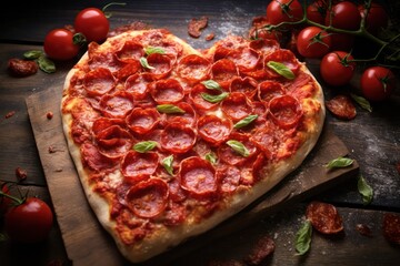 homemade heart shaped pepperoni pizza for valentines day date dinner - obrazy, fototapety, plakaty