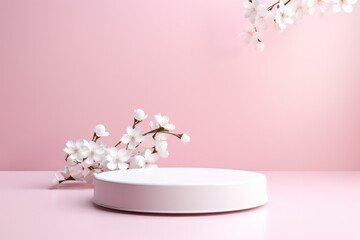 Obraz na płótnie Canvas minimal pink plastic podium with white spring flowers 3d render for cosmetics, product photography. 