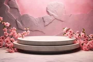 Obraz na płótnie Canvas minimal pink marble natural stone scenic podium with cherry blossoms. Cosmetics, product photography template with copy space mock up.