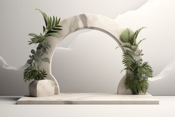 minimal scenic gypsum mineral arch frame natural stone podium with green tropical leaves 