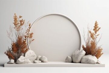 minimal scenic gypsum arch frame natural stone podium with dried plants and flowers decoration....