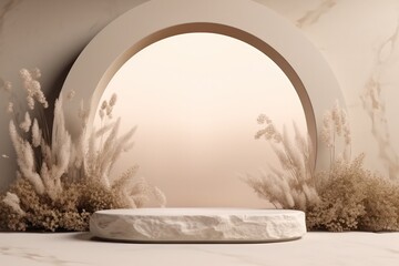 minimal scenic gypsum arch frame natural stone podium with dried plants and flowers decoration. Warm beige peach brown pastel color palette.