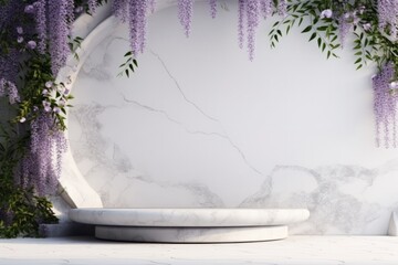 minimal white gray marble natural stone scenic podium with wisteria lilac flowers for product or cosmetics photography