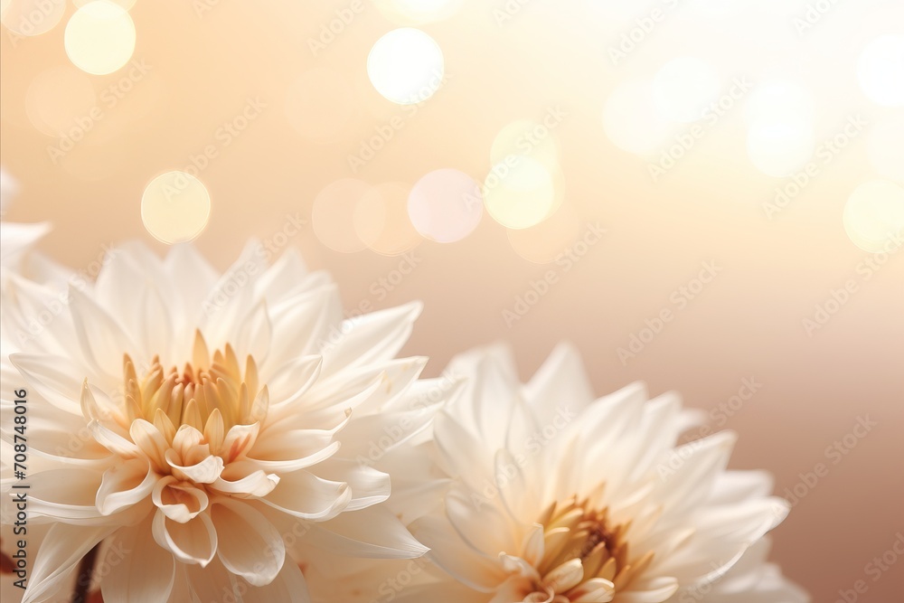 Aufkleber elegant white chrysanthemum on magical bokeh background with ample copy space on the left for text