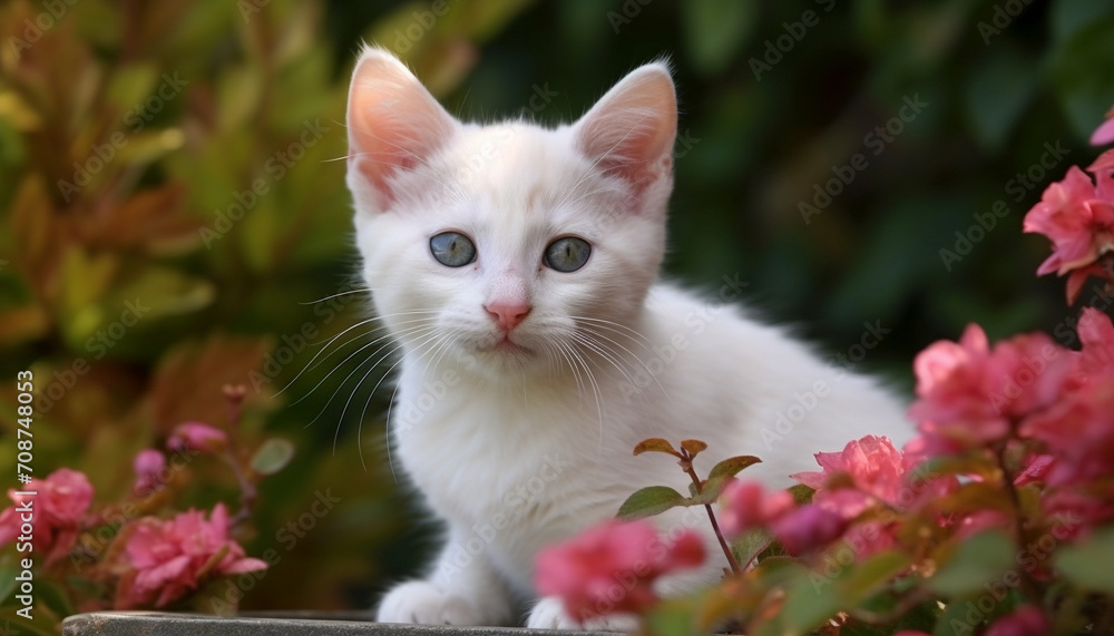 Poster Cute kitten sitting in grass, staring with playful curiosity generated by AI