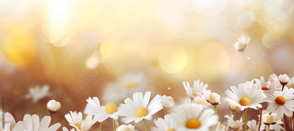 Poster white chrysanthemum on isolated magical bokeh background with copy space for text placement