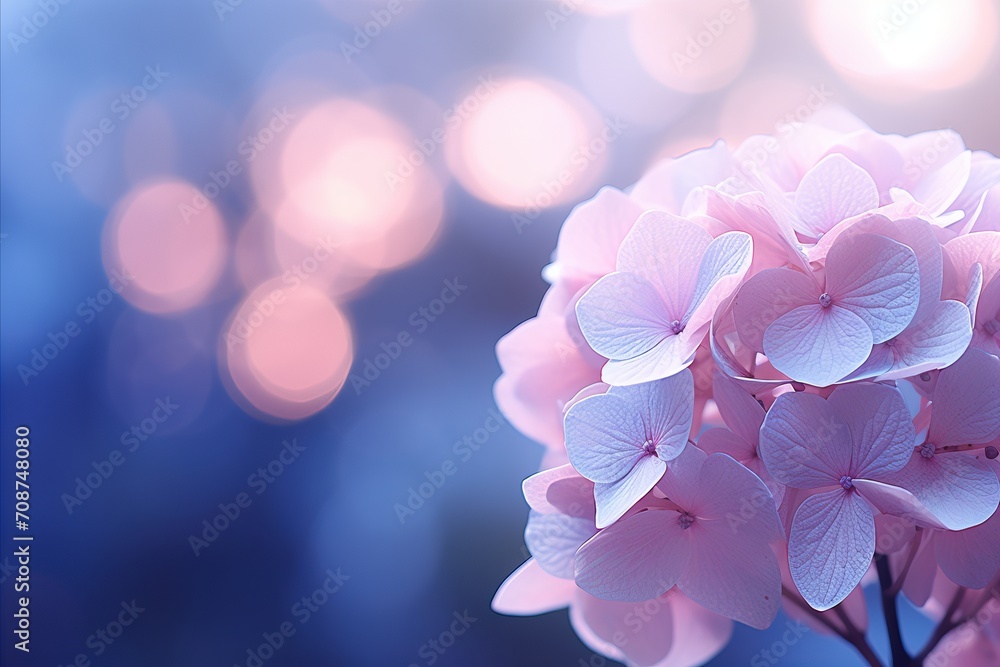 Poster blue hydrangea bloom on right with magical bokeh background and ample text placement space on left