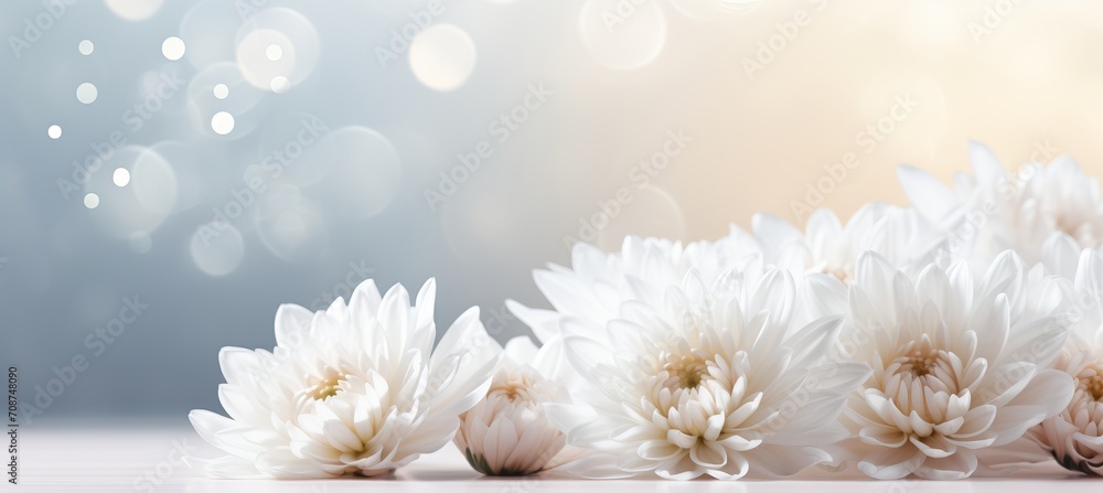 Aufkleber enchanting white chrysanthemum on right side with magical bokeh background and ample text space