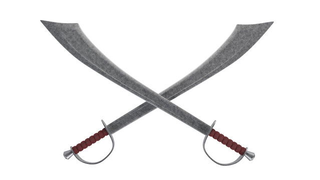 Crossed pirate swords with red handles isolated on transparent and white background. Pirates concept. 3D render