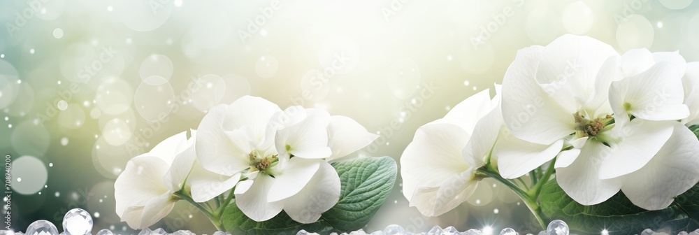 Poster white hydrangea blossom on magical bokeh background with copy space for text placement