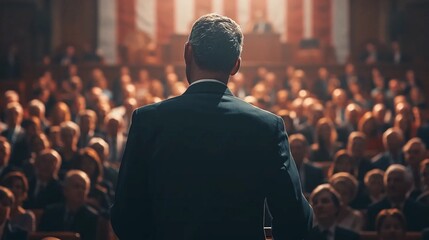 A politician speaking to an audience - Powered by Adobe