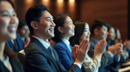 A group of Asian businesspeople applauded the speaker, they wore elegant suits and smiled, with the seminar attendees in the background. Front view.
