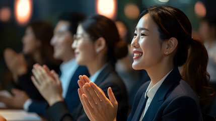 A group of Asian businesspeople applauded the speaker, they wore elegant suits and smiled, with the seminar attendees in the background. Front view. - obrazy, fototapety, plakaty