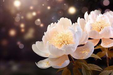 Graceful white peony on right with magical bokeh background, generous text space on left.