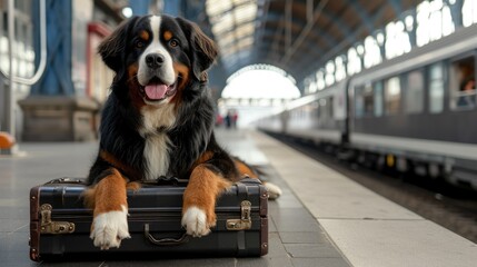 Photo The Bernese Mountain Dog lies by a suitcase on the platform of the railway station. Traveling with a pet.