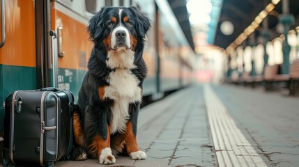 Photo The Bernese Mountain Dog sits by a suitcase on the platform of the railway station. Traveling with a pet. - obrazy, fototapety, plakaty