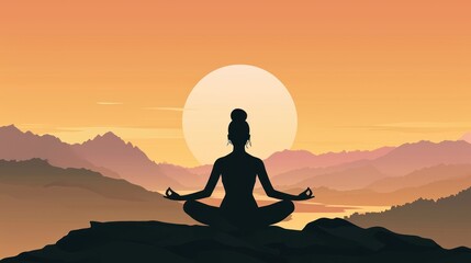  a silhouette of a person sitting in a lotus position in front of a mountain range with the sun setting in the background and a mountain range in the foreground.