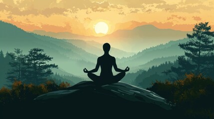  a person sitting in a lotus position on top of a hill with a view of the mountains and the sun rising over the mountains in the distance in the distance. - obrazy, fototapety, plakaty