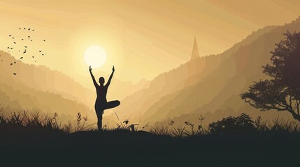  a silhouette of a person doing yoga in front of a mountain range with birds flying in the sky and a sun setting in the middle of the sky over the mountains.