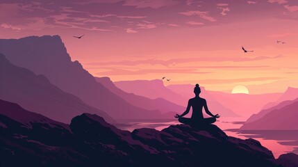  a person sitting in a lotus position on top of a mountain with a view of a lake and mountains in the distance with birds flying in the sky at sunset.