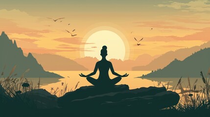  a person sitting in a lotus position in front of a lake with birds flying in the sky and a setting sun in the background with mountains and birds flying in the sky.