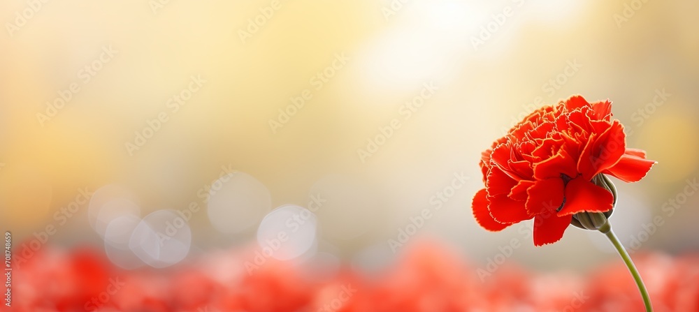 Aufkleber red carnation blossom on isolated magical bokeh background with text space on left side