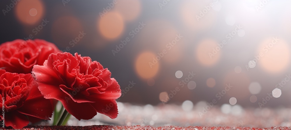 Poster red carnation on isolated magical bokeh background with copy space for text placement