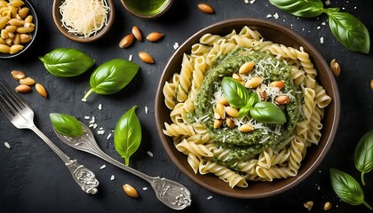 Fussili pasta with basil pesto sauce, parmesan cheese and pine nuts. Traditional Italian food. - obrazy, fototapety, plakaty