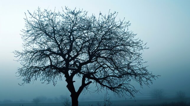  a tree in a foggy field with birds perched on the branches of the tree in front of the tree is a bird sitting on the top of the tree.
