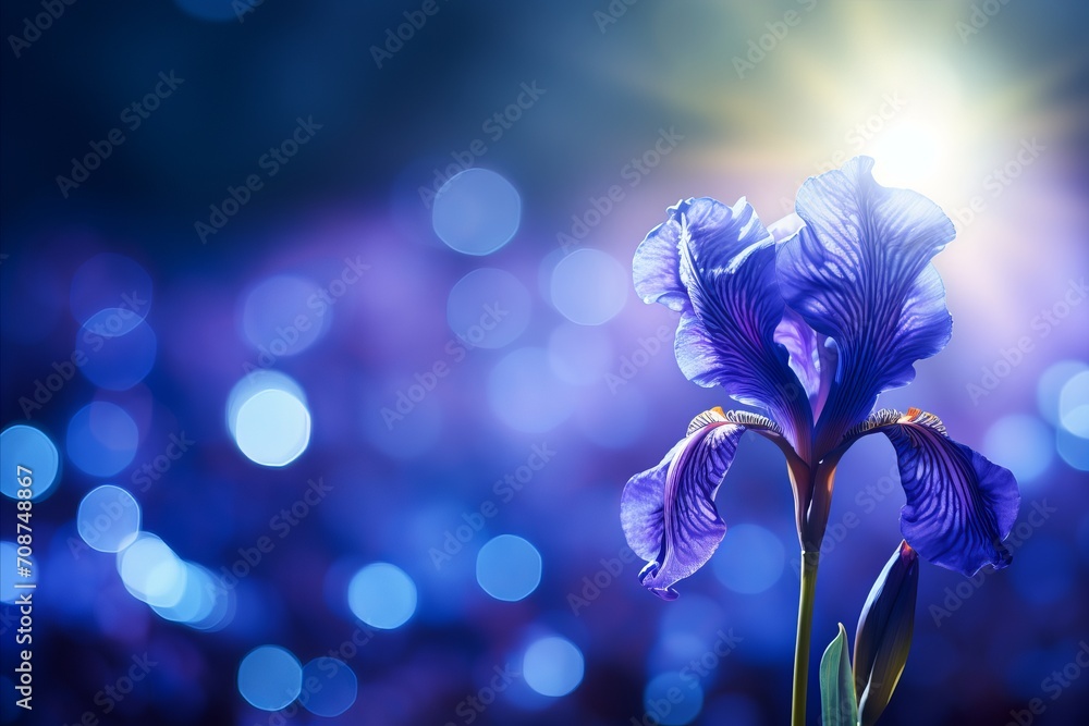 Poster blue iris flower on isolated magical bokeh background with copy space for text placement