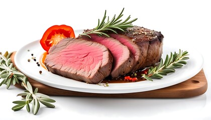 Succulent roasted beef tenderloin steak with rosemary and coarse pepper against a white background