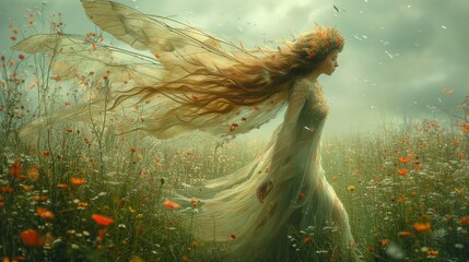 Fairy of flowers, wings, very long hair, flowers dress, fantasy garden. dreamlike scene - obrazy, fototapety, plakaty