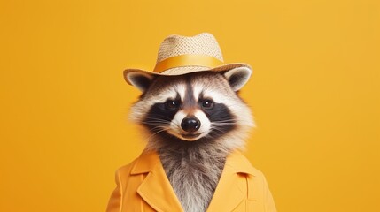 portrait of a raccoon in straw hat and yellow blazer on yellow background, funny animal portrait.