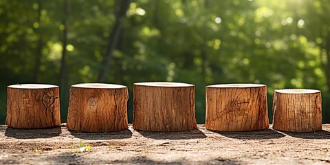 5 Stump wooden tree slice trunk on forest nature backgrounds, natural product display stage