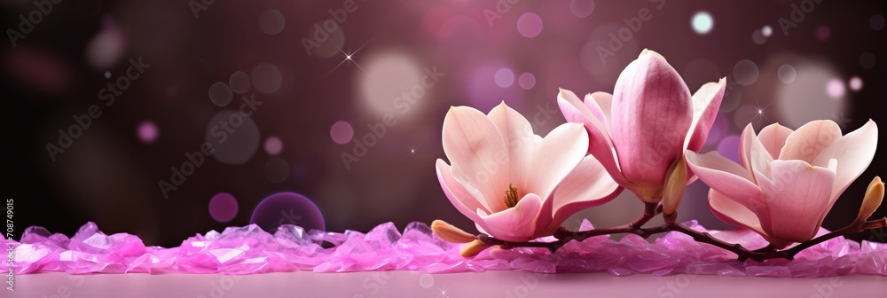 Poster Pink magnolia blossom on isolated magical bokeh background with copy space for text placement