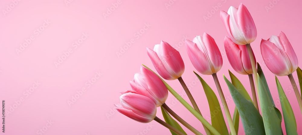 Poster red tulips on pink background with ample copy space for text placement and creative design