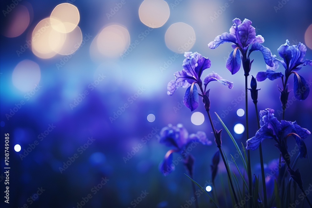 Poster blue iris flower with isolated magical bokeh background and copy space for text placement