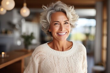 Portrait of a smiling mature woman with grey hair - obrazy, fototapety, plakaty