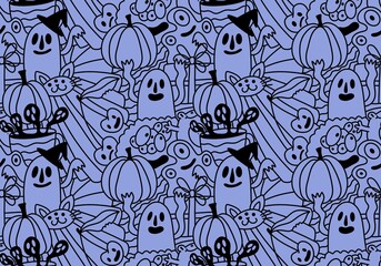 Halloween cartoon doodle seamless pumpkins and ghost pattern for wrapping paper and fabrics and linens