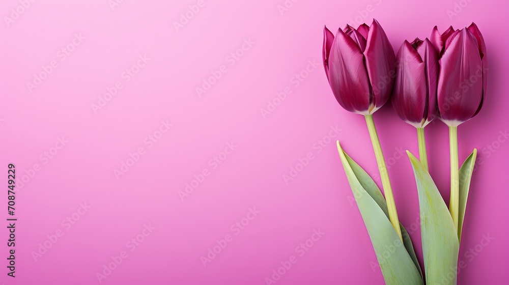 Poster purple tulips on right side with isolated background and copy space for text placement