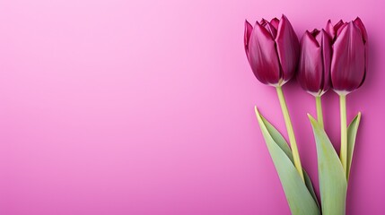Purple tulips on right side with isolated background and copy space for text placement