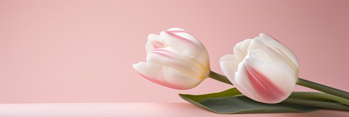 White tulips on right side on pink isolated background with copy space for text placement
