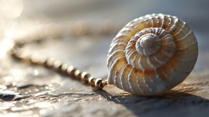  a close up of a sea shell on a beaded necklace on a wooden surface with sunlight shining on the beads and a blurry background of boke of light. - obrazy, fototapety, plakaty