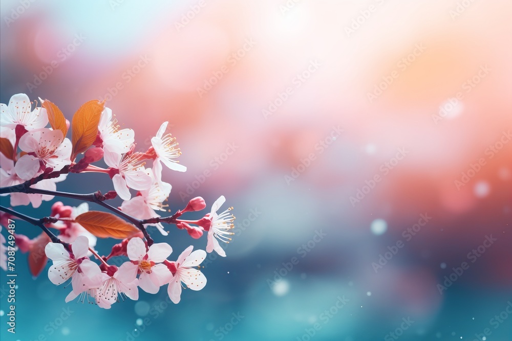 Poster enchanting white cherry blossom with mesmerizing bokeh background and text placement space