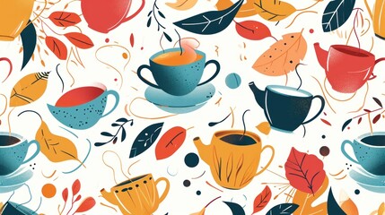  a pattern of cups and saucers with autumn leaves on a white background with orange, blue, red, and green leaves on the edges of the cups and saucers.