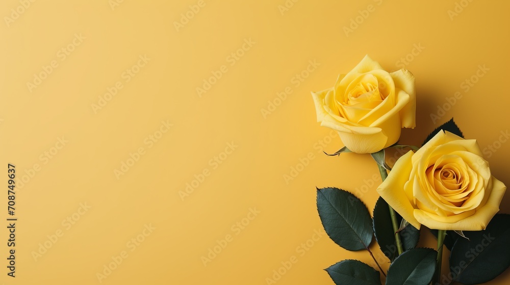 Poster yellow rose on right side of isolated yellow background with ample space for text placement